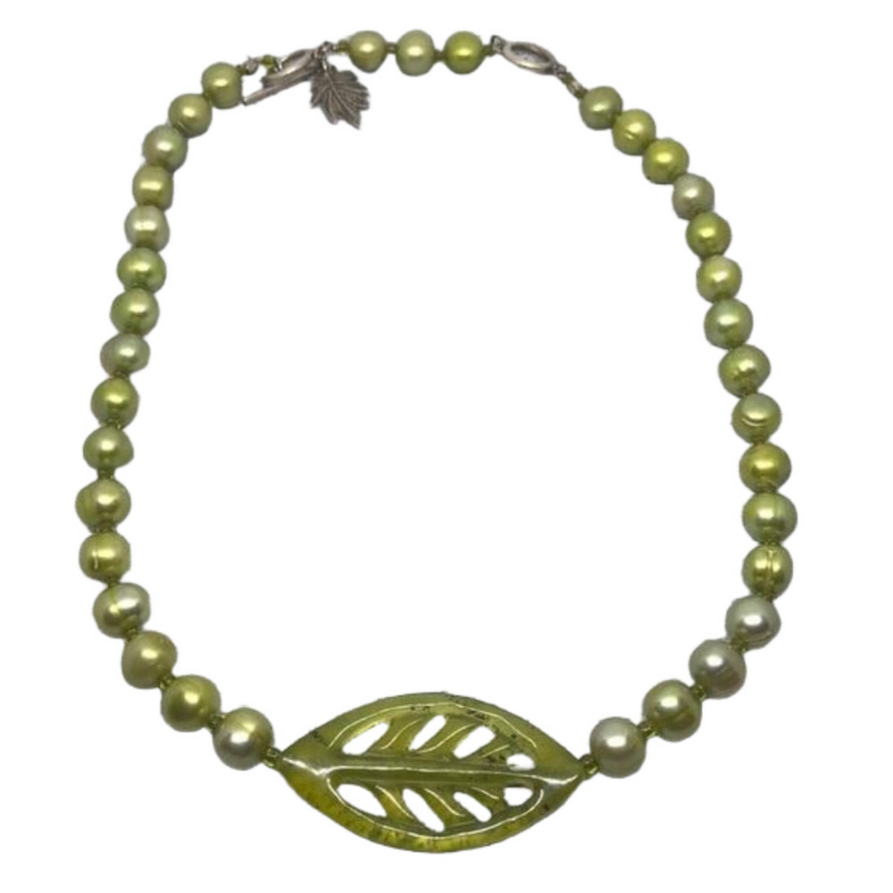 Artisan vintage freshwater pearl leaf pendant statement necklace sterling